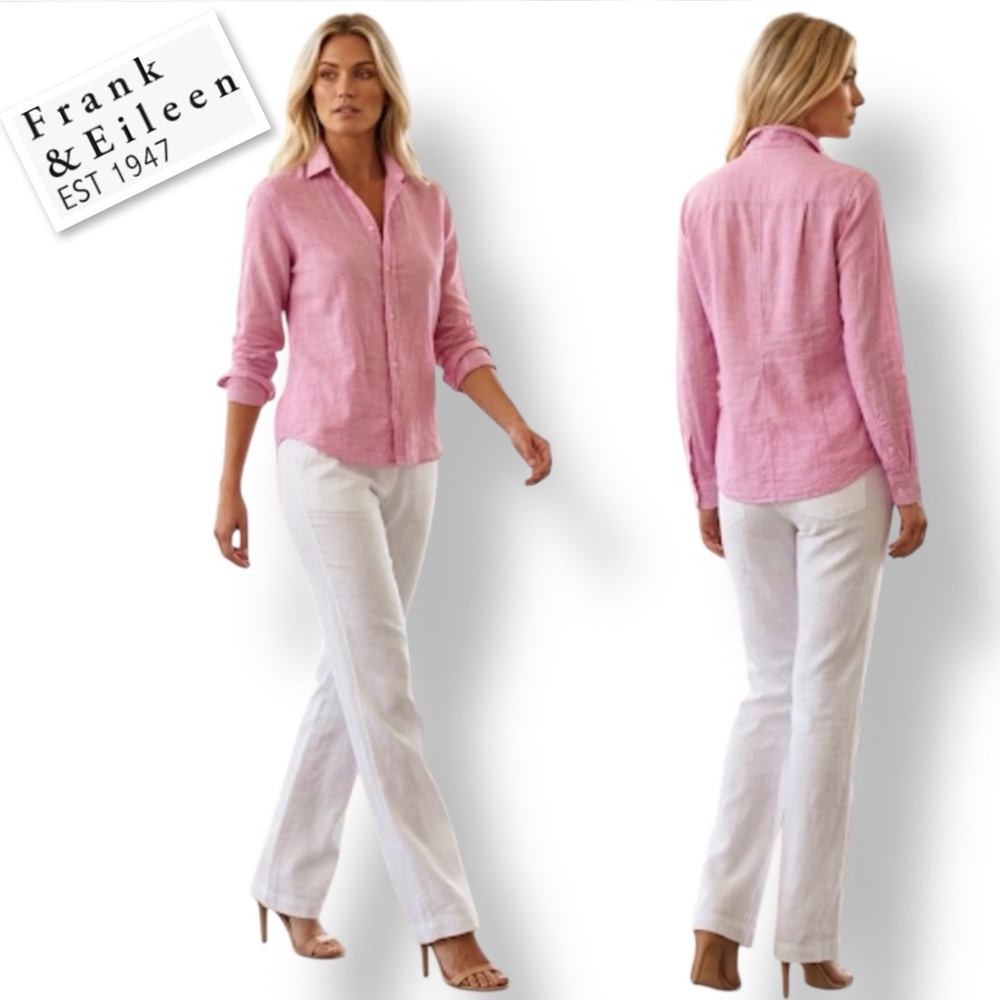 Frank & Eileen Barry Long Sleeve Voile Shirt Micro Stripe Pink/ White Size S